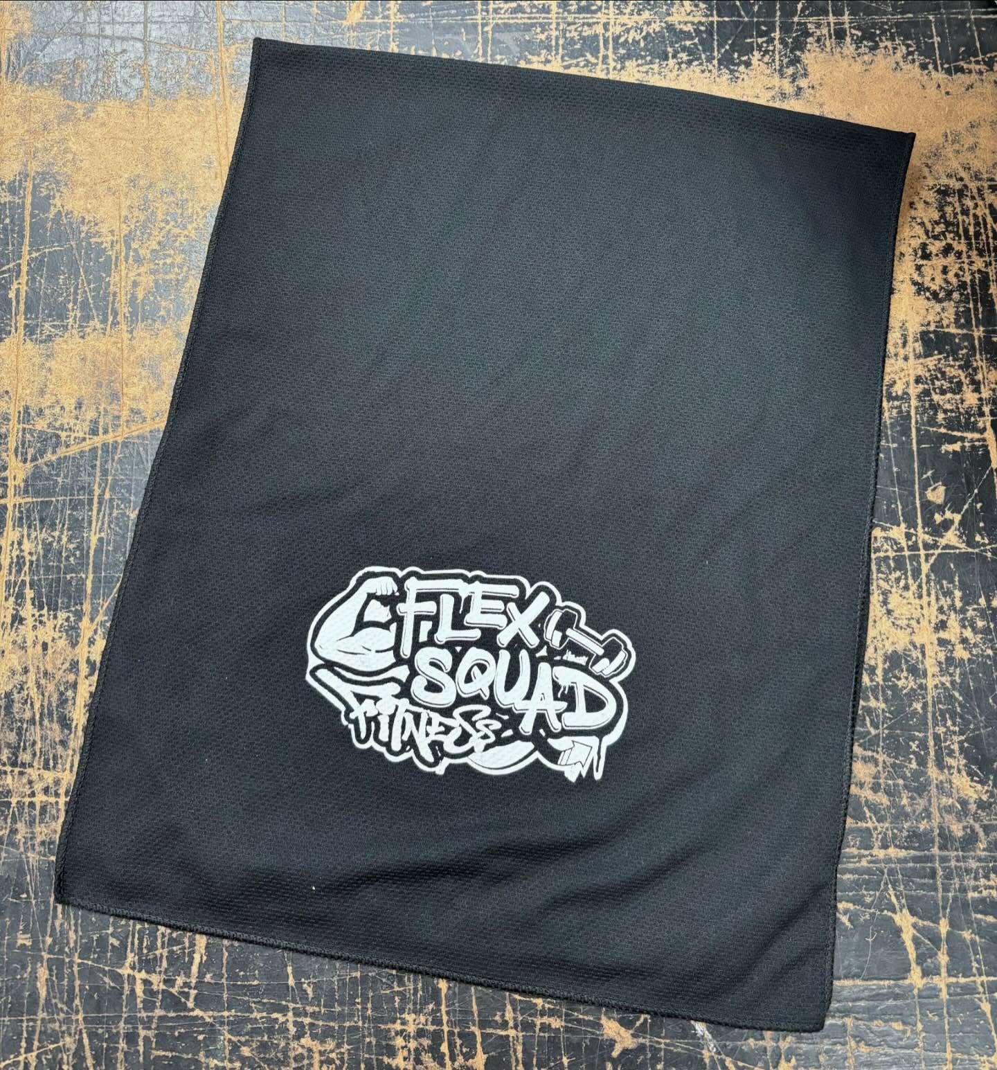 Black gym towel with white "Flex Squad Fitness" graffiti-style logo.
